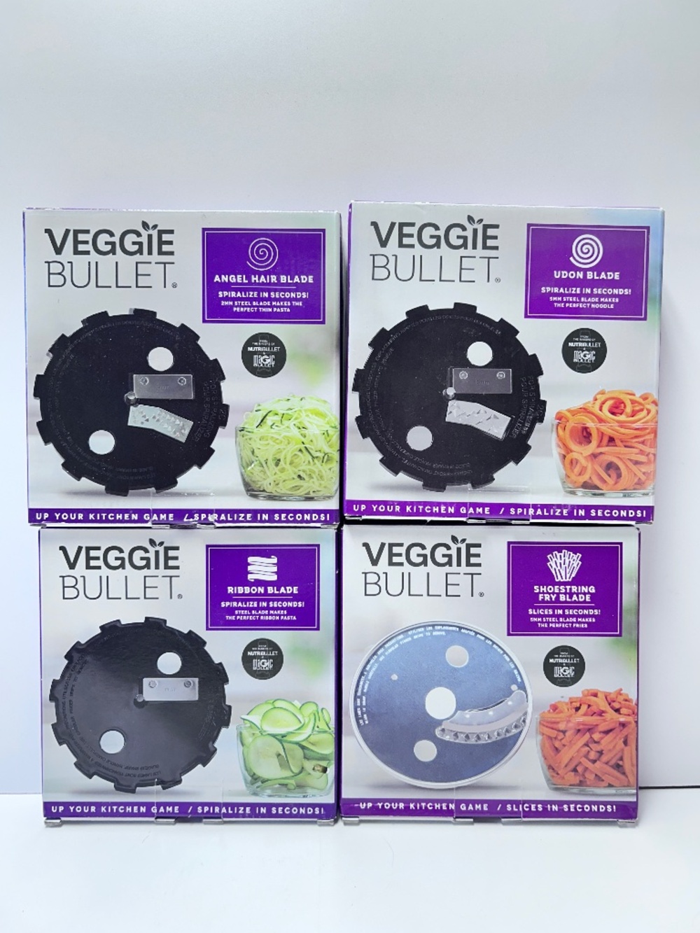 New In Box Veggie Bullet Blades Udon Angel Hair Ribbon Shoestring Fry Lot of 4